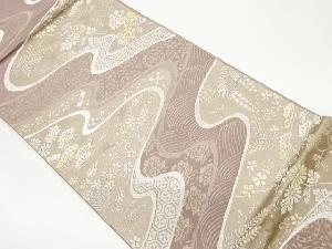 流水に花々・鳥・古典柄模様織出し袋帯